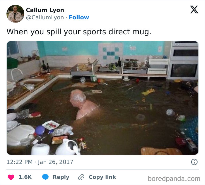 Man swimming in a flooded kitchen full of dishes and clutter, illustrating unique experiences of living in the UK.