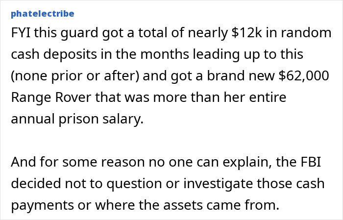 Text post revealing Epstein guard&rsquo;s suspicious cash deposits and FBI&rsquo;s lack of investigation into assets before his passing.