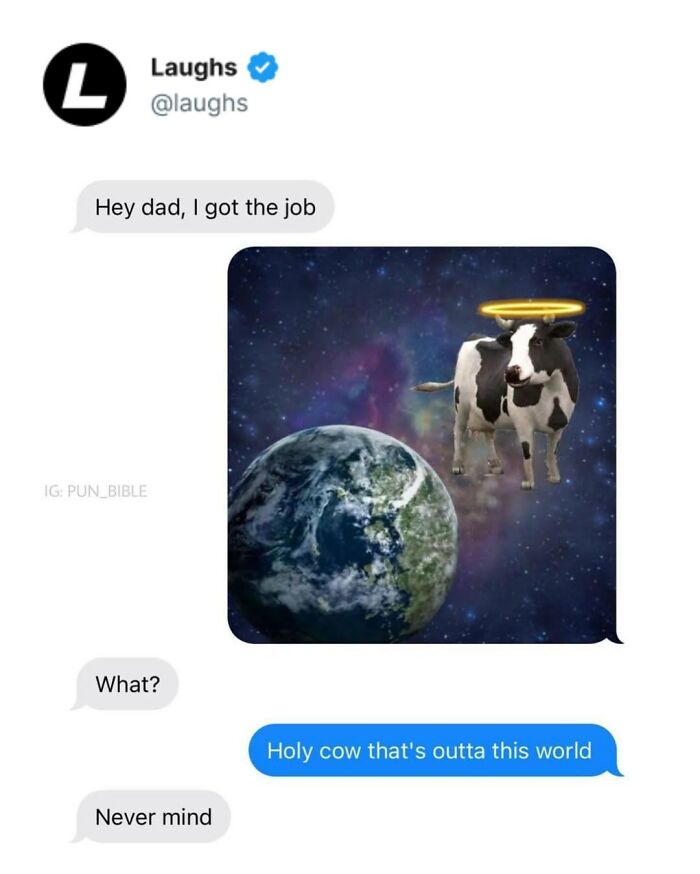 Funny meme with a holy cow joke in a text conversation, perfect for a break from being a responsible adult.