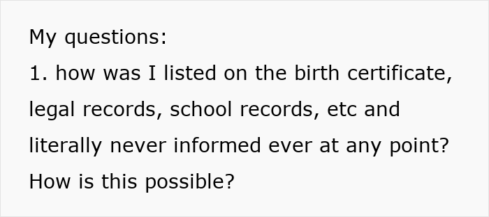 Text on a screen showing questions about being listed as a legal father on birth and school records without prior notification. Text on a screen showing questions about being listed as a legal father on birth and school records without prior notification.