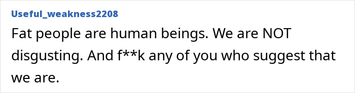 Comentário expressando que pessoas gordas são seres humanos e criticando pontos de vista relacionados à reação negativa da política de tamanho dos clientes das companhias aéreas.