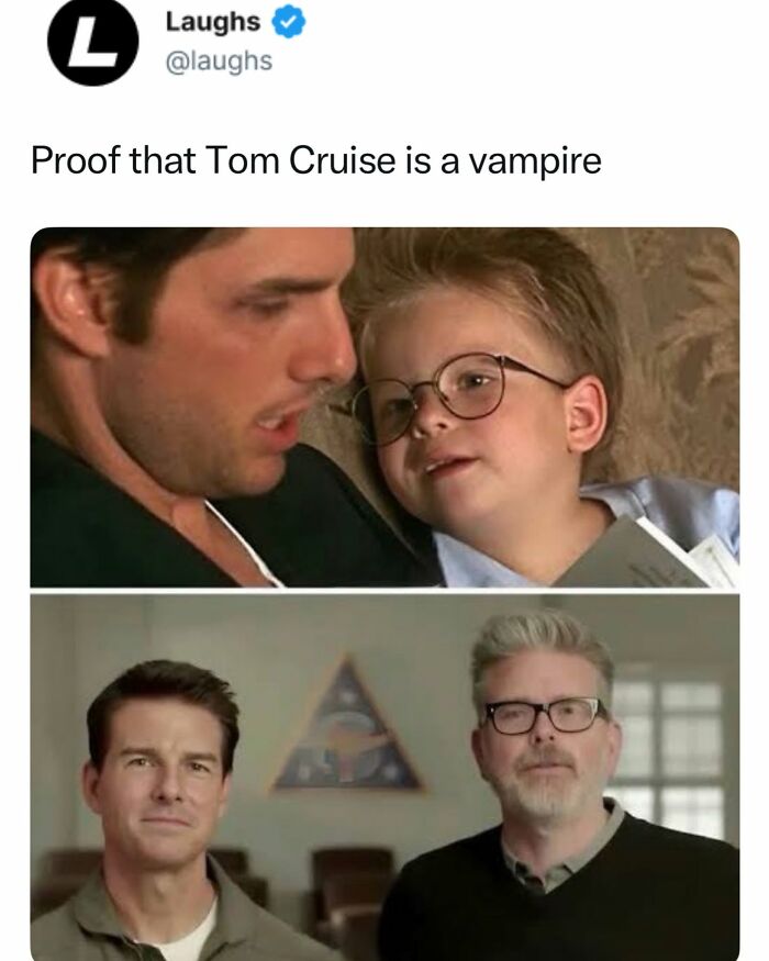 Funny meme showing side-by-side comparison of Tom Cruise in a movie scene and a recent photo suggesting vampire proof.