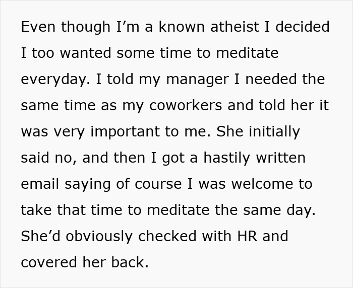 Atheist Sees Injustice As Colleagues Get Paid Prayer Breaks, Demands Meditation Break As Well Atheist Sees Injustice As Colleagues Get Paid Prayer Breaks, Demands Meditation Break As Well
