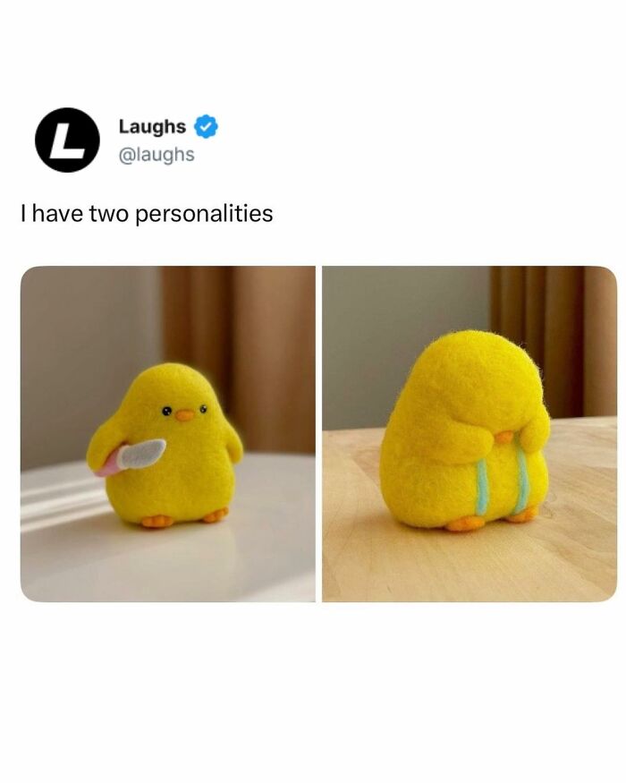 Yellow plush chick holding a knife and then crying, funny memes showing two contrasting personalities for a quick break.