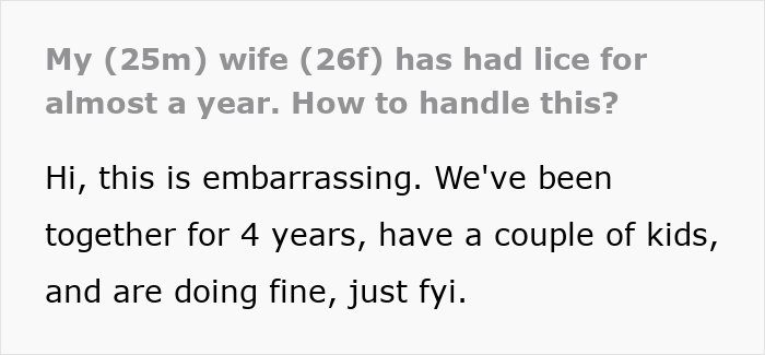 Text post about a wife refusing to treat lice for months and a husband&rsquo;s drastic no whoopee ultimatum.