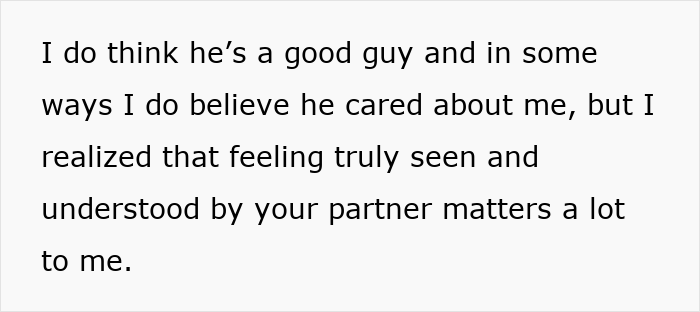 Text about romantic indifference, highlighting a partner caring but lacking true understanding or connection in the relationship.