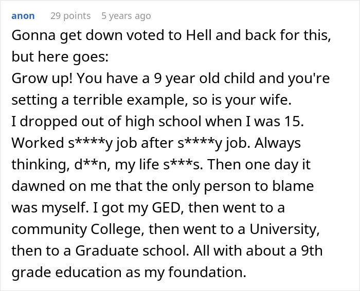 Reddit comment criticizing a guy complaining about his wife, highlighting concerns about their 9-year-old child&rsquo;s example.