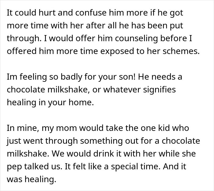 Text advice about grandparents guilt trip kid over his mom, suggesting counseling and comforting the son with healing time at home.