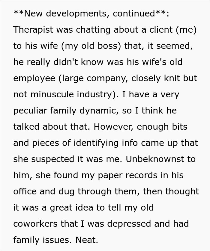 Woman confused how coworkers know personal details, discovering her therapist is her boss&rsquo;s husband sharing info at work.