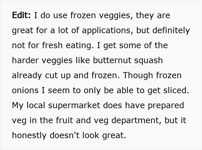 Text discussing using frozen vegetables and challenges with slicing onions, related to my mum cutting vegetables for me.