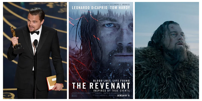 Leonardo DiCaprio holding an Oscar, alongside The Revenant movie poster and a scene showing his rugged character.