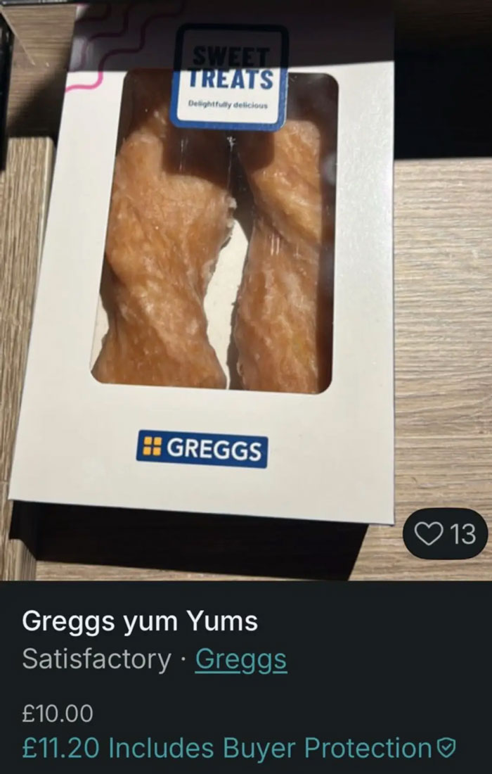 Box of Greggs yum Yums listed on Vinted as a humorous and unusual item for sale with buyer protection.
