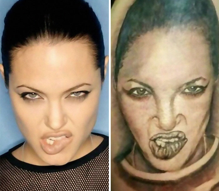 Side-by-side comparison of a woman making a face and a poorly done ink tattoo fail of the same image on skin.