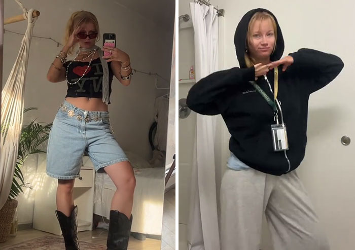 Woman showing before and after photos, illustrating the America effect on her style and confidence in two different outfits.