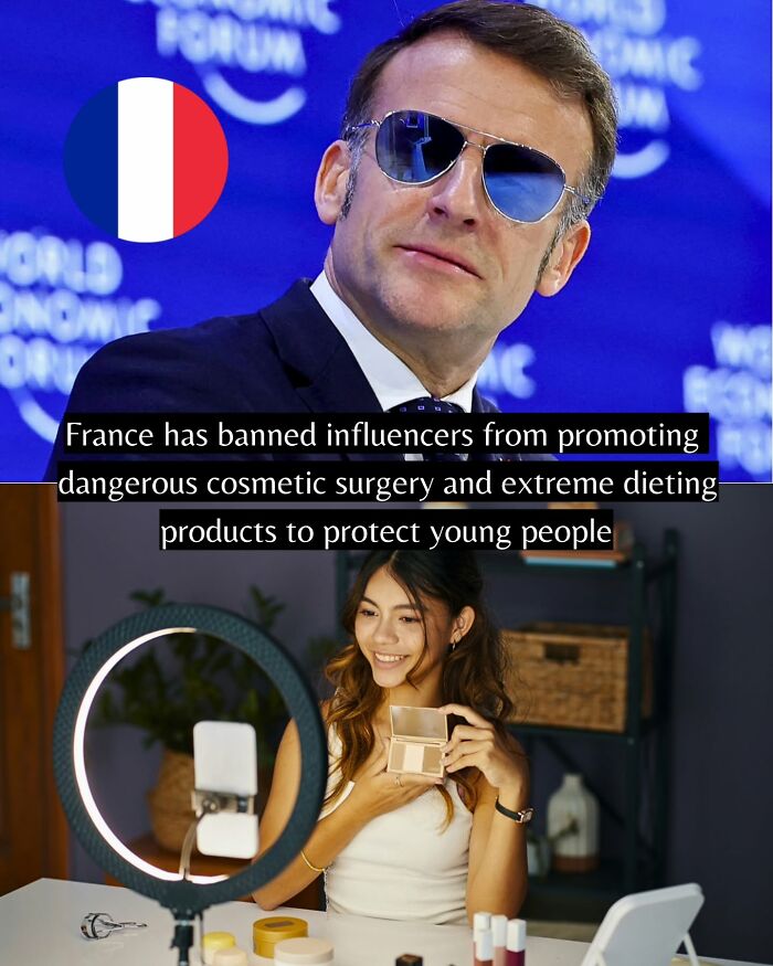 French leader in sunglasses at a forum and influencer promoting safe cosmetic products to protect young people worldwide.