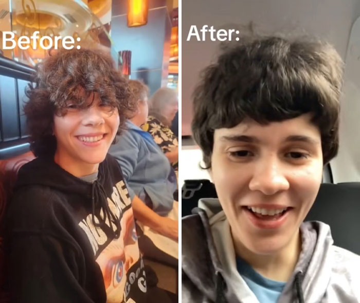 Before and after photos showing a dramatic hair transformation that left the person traumatized by their haircut.