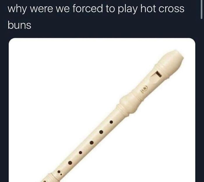 Image of a beige plastic recorder with text questioning why kids were forced to play hot cross buns in the 90s.