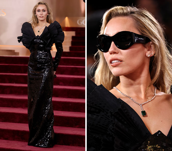 Fashion fail of 2026 award season shown by woman in black sequined dress with oversized shoulders and dark sunglasses.