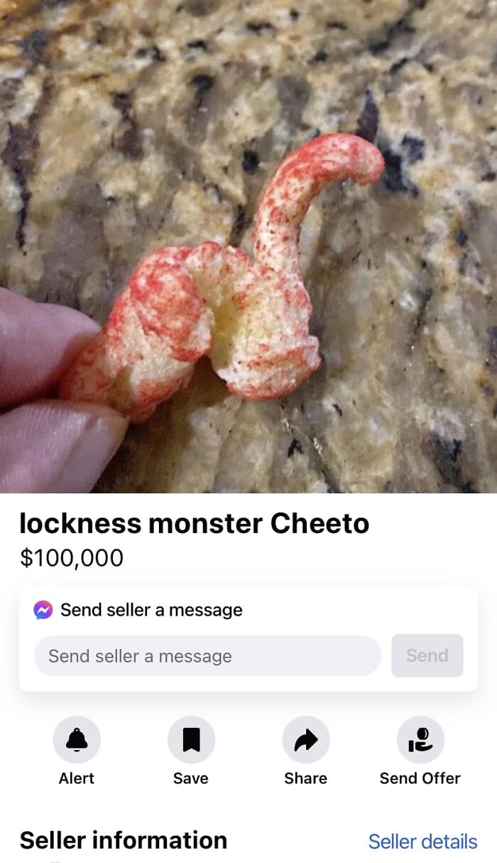 Unusual Facebook Marketplace listing showing a rare Cheeto shaped like the Loch Ness Monster for $100,000.