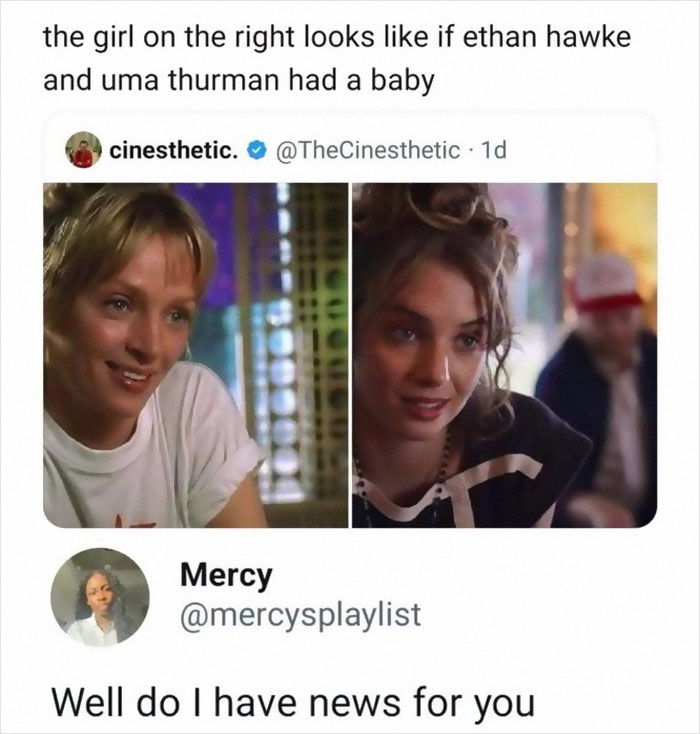 Side-by-side images of film characters with a humorous caption about movie and film industry memes.