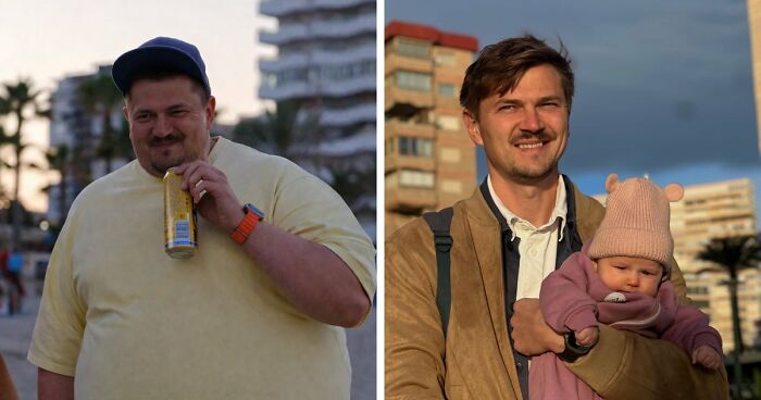 Side-by-side photo showing a man’s unbelievable transformation over three years holding a baby outdoors in city setting.