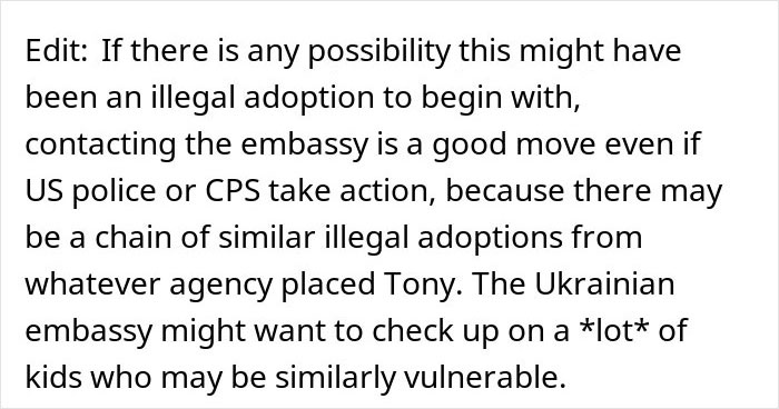 Texto discutindo preocupações sobre adoção ilegal e sugestão de contato com a embaixada para crianças adotadas vulneráveis. Texto discutindo preocupações sobre adoção ilegal e sugestão de contato com a embaixada para crianças adotadas vulneráveis.