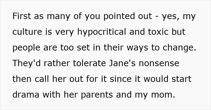 Text excerpt discussing family drama and cultural toxicity in the context of a jobless 36-year-old competing with her PhD cousin.