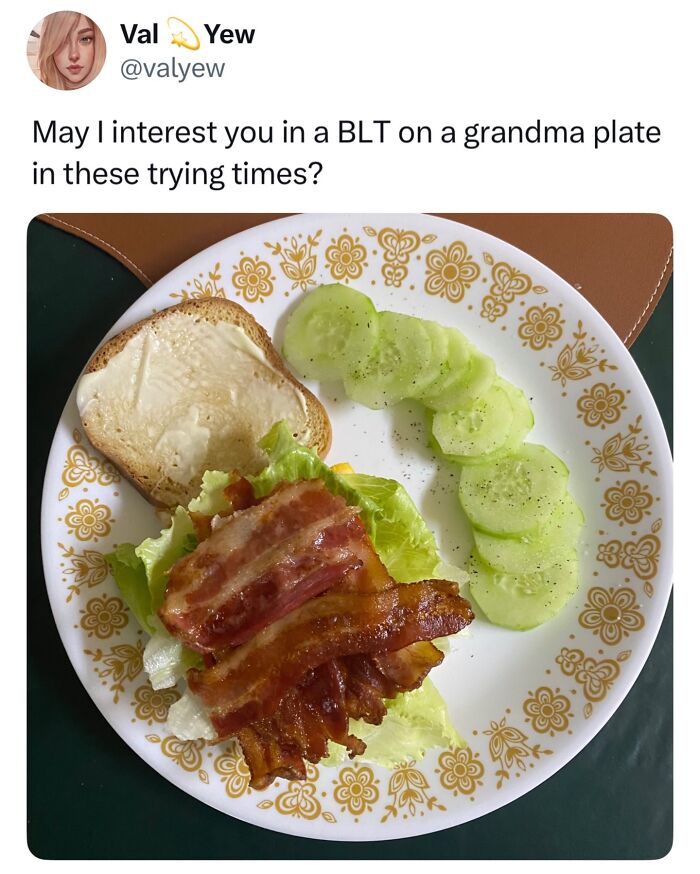 Funny and relatable meme showing a BLT sandwich with bacon, lettuce, and cucumbers on a vintage grandma plate.