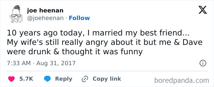 Tweet about marriage and a funny story, an example of seemingly innocent posts that hit with a crazy second half.