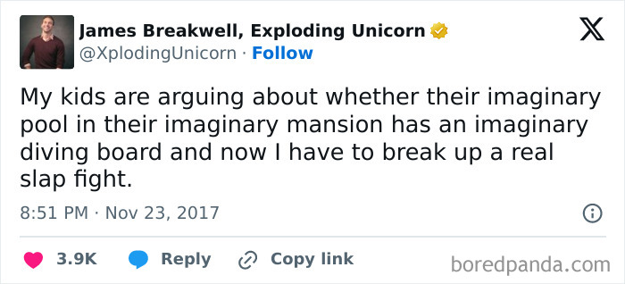 Tweet by James Breakwell about his kids’ imaginary pool argument leading to a real slap fight, illustrating sibling rivalry humor.