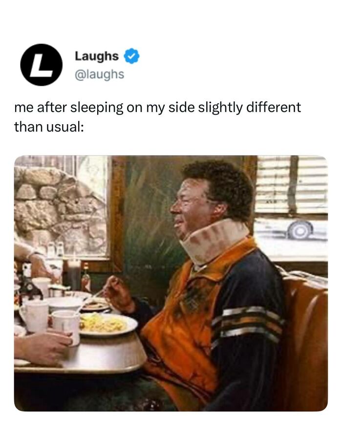 Man wearing neck brace eating at diner table, relatable meme for funny memes about breaks from responsibility.