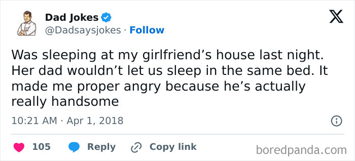 Tweet from Dad Jokes with a seemingly innocent post that hits unexpectedly in the second half, showcasing humor and surprise.