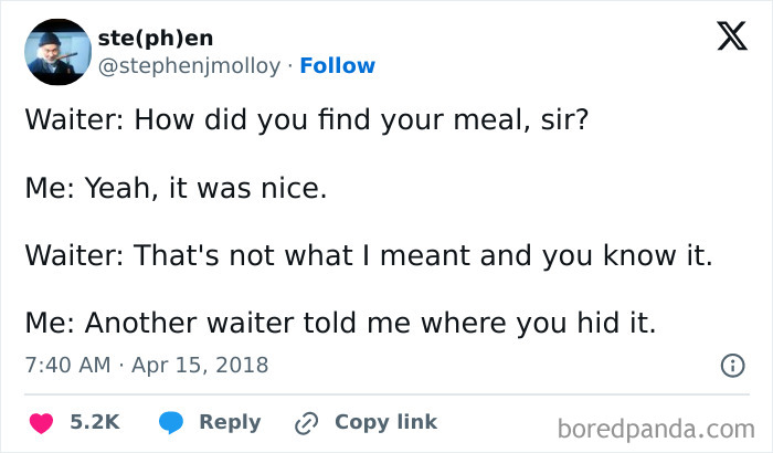 Tweet showing a humorous exchange with a waiter, fitting the theme of seemingly innocent posts that hit with a crazy second half.