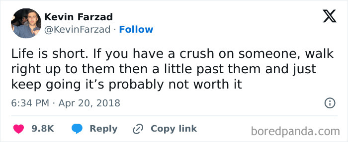 Tweet about life and crushes, exemplifying seemingly innocent posts that hit with a crazy second half humorously.