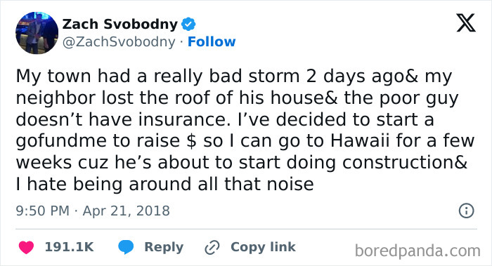 Tweet screenshot showing a seemingly innocent post that surprises readers with a crazy second half about a GoFundMe for a neighbor.