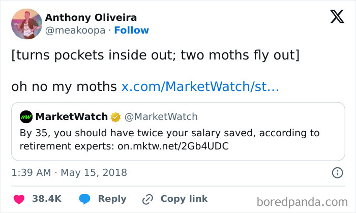 Tweet showing a humorous unhinged sentence about moths flying out of pockets, capturing surprising reactions.