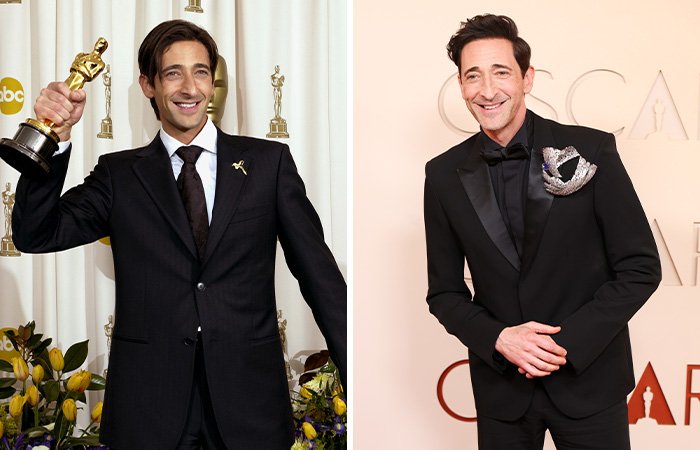 Actor Adrien Brody at the Oscars holding a trophy in his first appearance and dressed in a black tuxedo recently