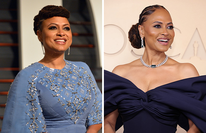 Actress poses at Oscars event in elegant dresses, showing then and now comparison of Academy Awards appearances.