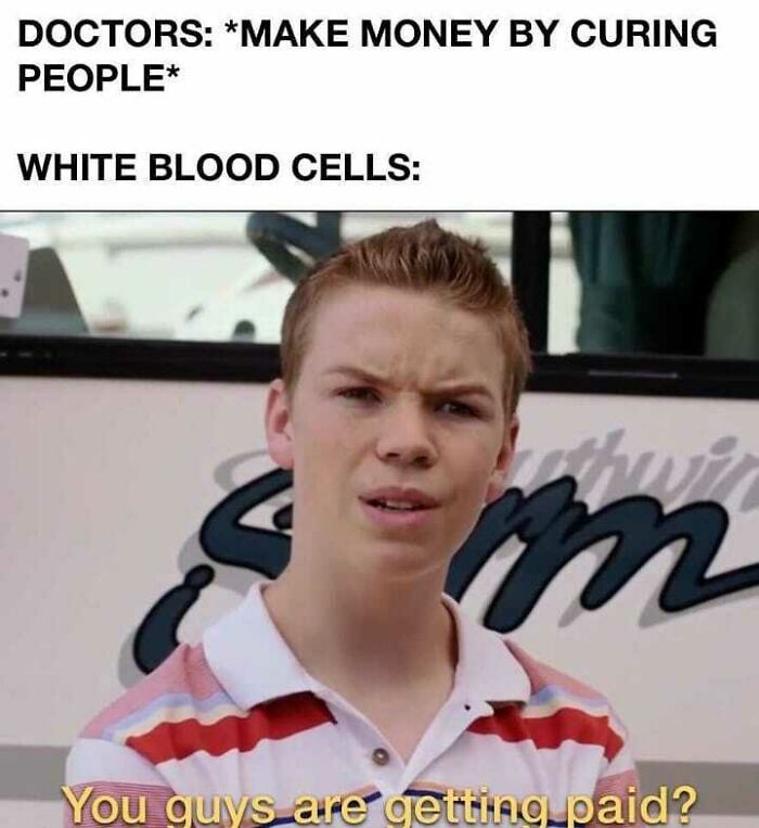 Confused young man meme illustrating white blood cells' reaction to doctors making money curing people tired of it all.