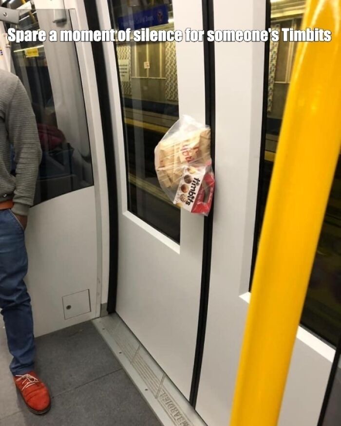 Timbit snack bag stuck in subway door with a man standing nearby, illustrating funny Canada memes and craving for poutine.