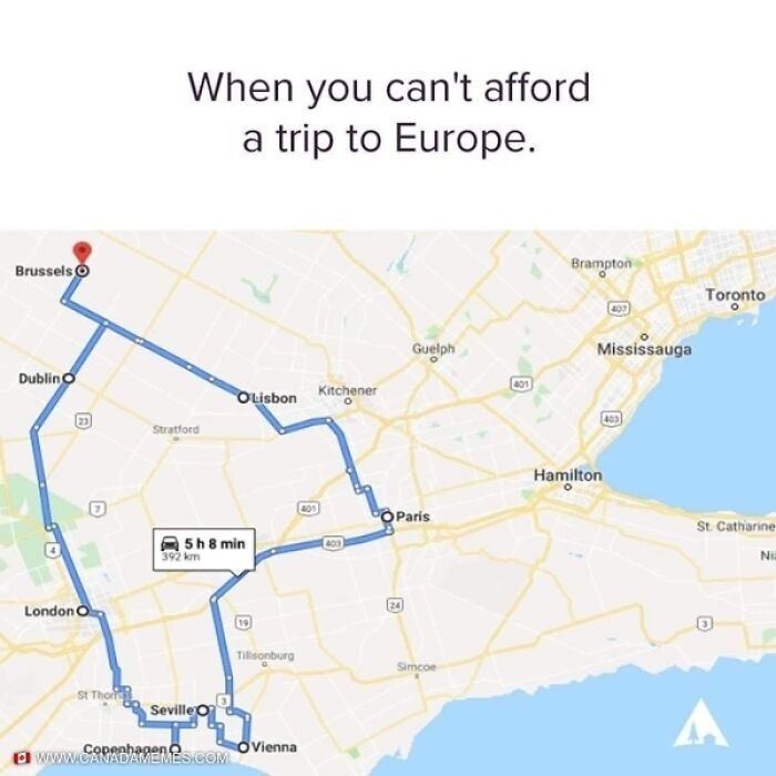 Map showing a humorous Canada route mimicking a Europe trip, highlighting hilarious Canada memes and poutine cravings.