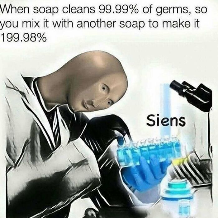 Cartoon doctor in lab coat mixing blue chemicals under microscope, illustrating a funny science meme for doctors or patients.