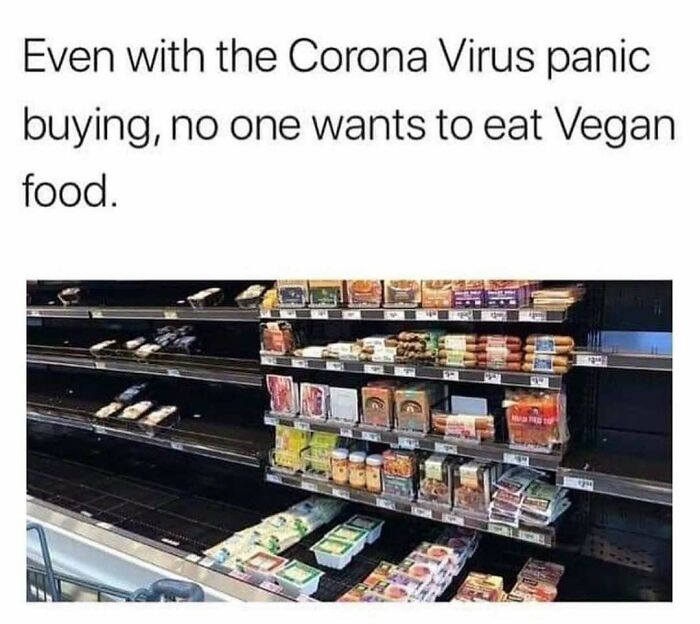 Empty grocery store shelves with vegan food and a humorous caption reflecting tiredness in doctor and patient memes.