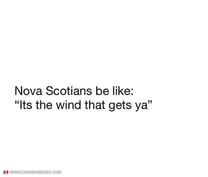 Text meme about Nova Scotians saying "Its the wind that gets ya" relating to funny Canada memes and poutine cravings.