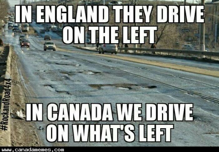 Pothole-filled Canadian road humor meme highlighting driving conditions with a focus on Canada memes and poutine cravings.