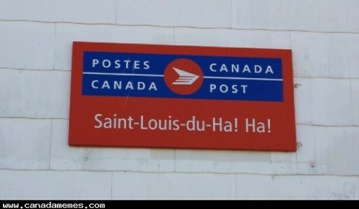 Canada Post sign at Saint-Louis-du-Ha! Ha! highlighting Canada memes with humor and regional charm.
