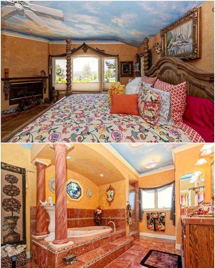 Bedroom and bathroom with confusing home design disasters featuring mismatched patterns, colors, and ornate decor elements.
