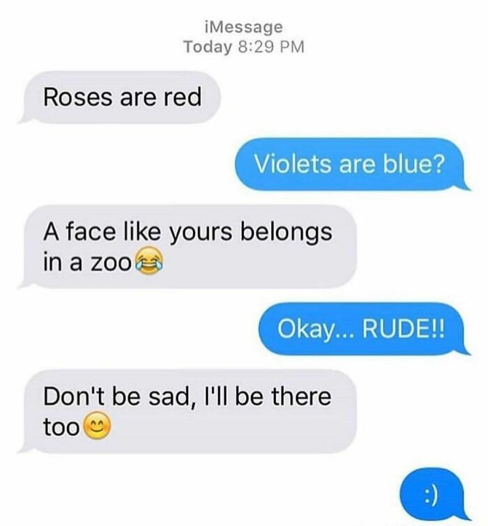 Funny texts conversation with playful insults and emojis in a casual iMessage exchange on a phone screen.