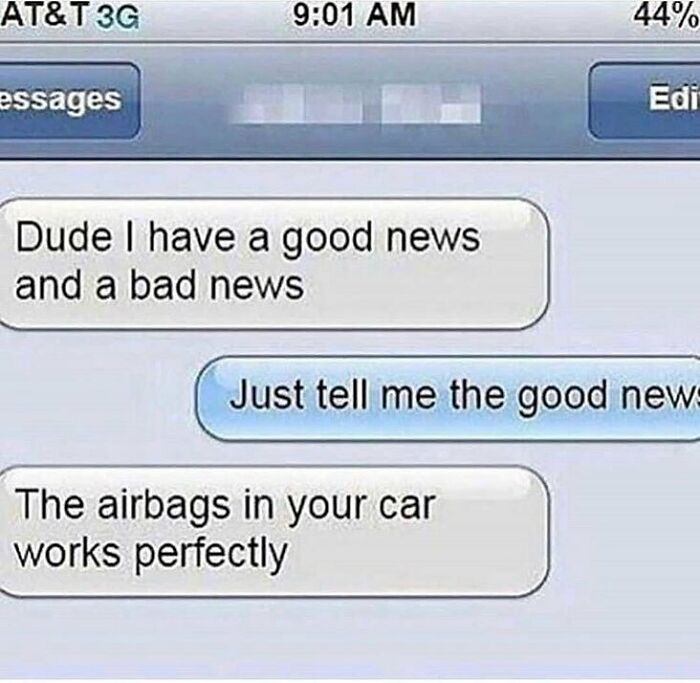 Text message conversation showing a funny exchange about good and bad news in a humorous texting scenario.