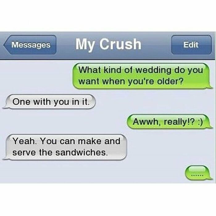 Screenshot of a funny text conversation titled My Crush with humorous and playful messages between two people.